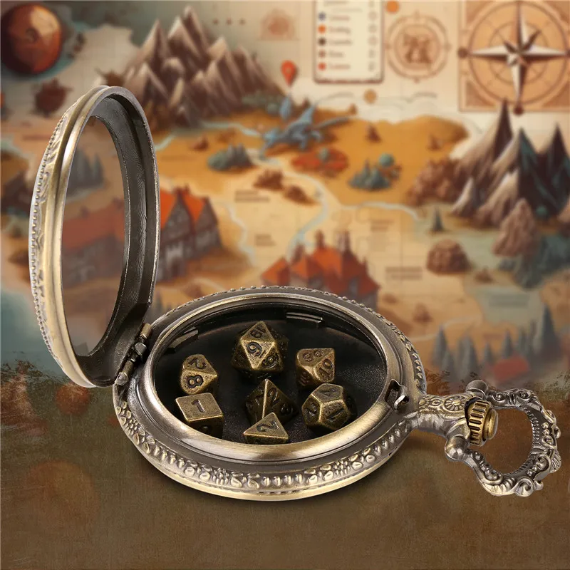 Antikes transparentes Taschenuhrengehäuse mit 7 Teile/satz Polyedrische Metallwürfel Rollenspiel Gaming Würfel Anhänger Kette Gaming Würfel – Detail 6
