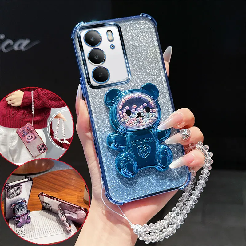 Shockproof Phone Case with Cute Bear Stand and Crystal Chain Lanyard - Glitter Design