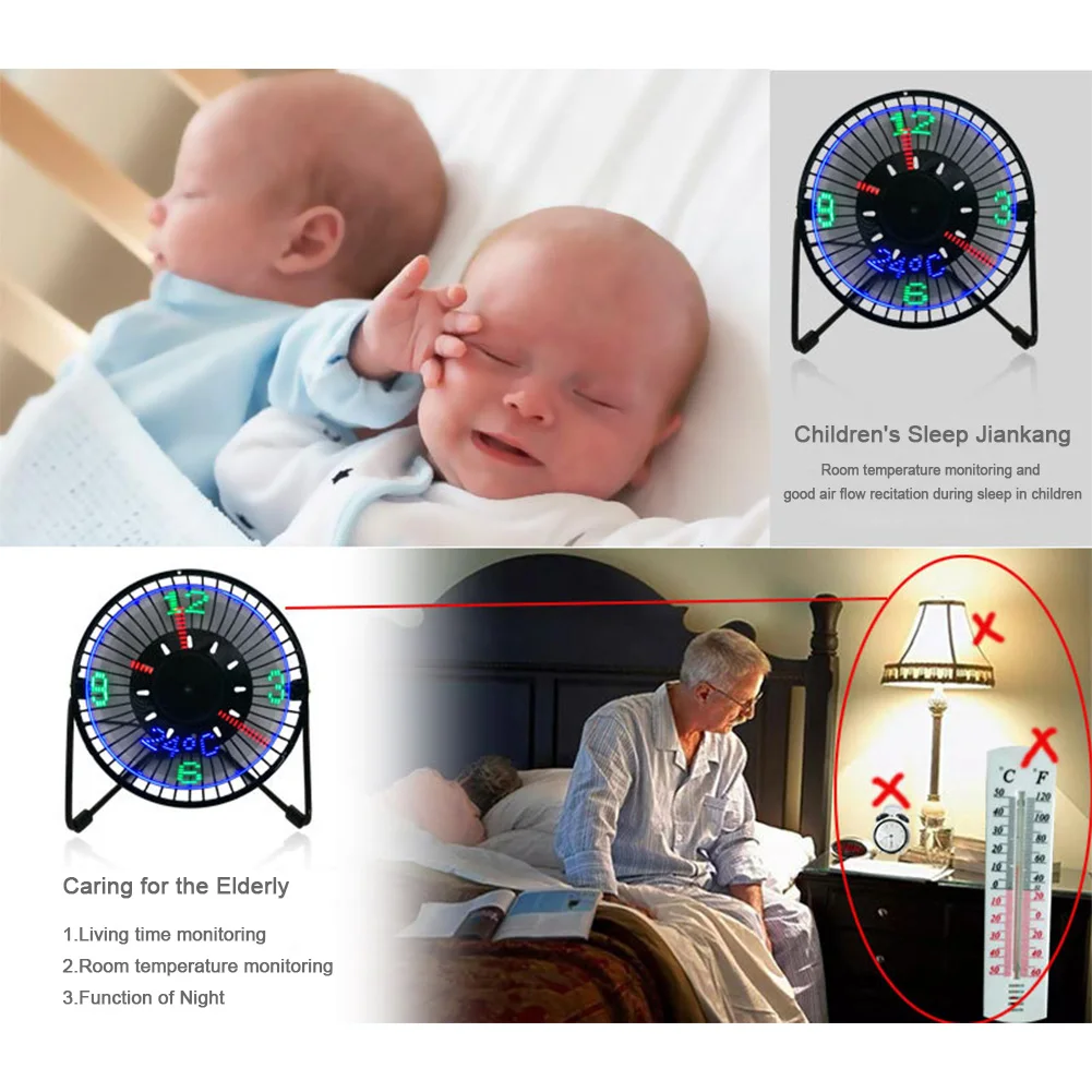 Black Plastic USB Clock Fan with Real Time Temperature Display for Home and Office