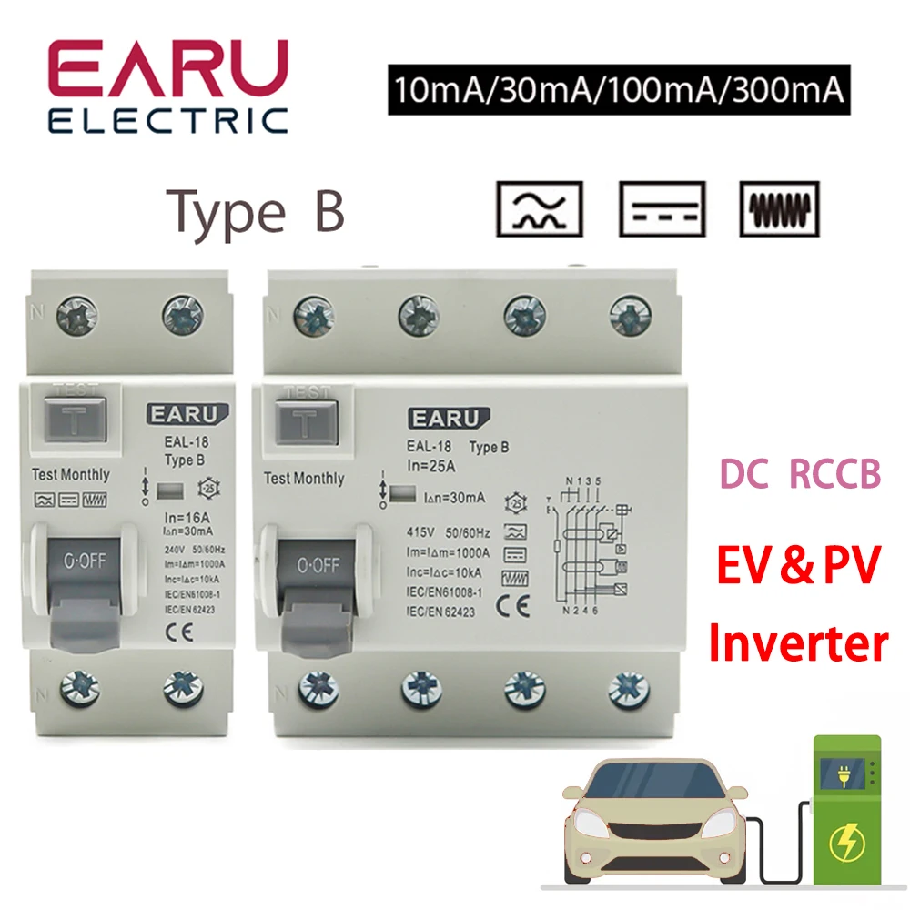 

2P/4P 10/30/100/300mA Electric Vehicle EV Charging Pile Residual Current Breaker DC RCCB RCD Type B 6KA Din Rail Earth Leakage