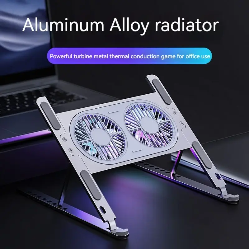 Aluminum Laptop Cooling Stand – Adjustable Height, 2 Quiet Fans & RGB Lights For 10-16" Laptops