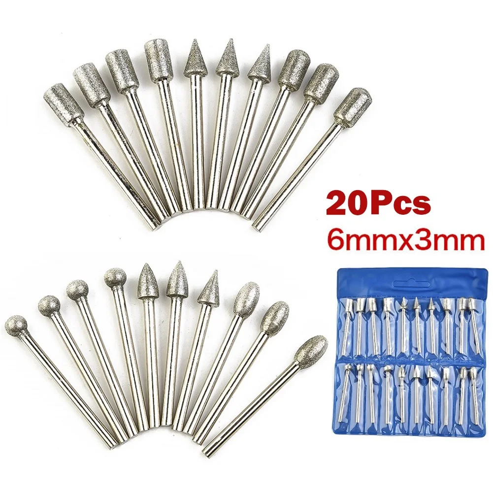 

20pcs 3mm Shank 120 Grit Diamond Burr Set Drill Bits Rotary Tool Grinding Heads For Grinding Engraving Polishing