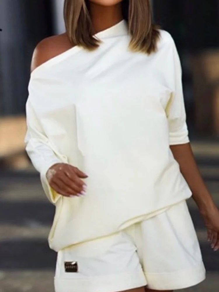 Wmstar Two Piece Set Women Wholesale Woman Trendy Fashionable Sweatshirt Pants One Shoulder Lapel Loose 2025 New Style Summer