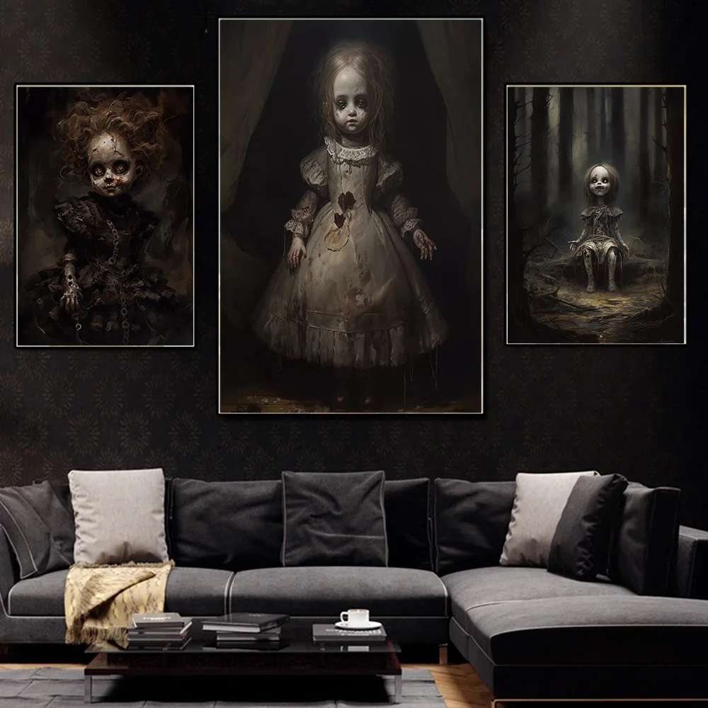 Boneca assombrada halloween arte cartaz impressão para sala de estar  decoração casa gótico filme terror fantasma boneca pintura em tela arte da  parede presente - AliExpress, image size:1000x1000