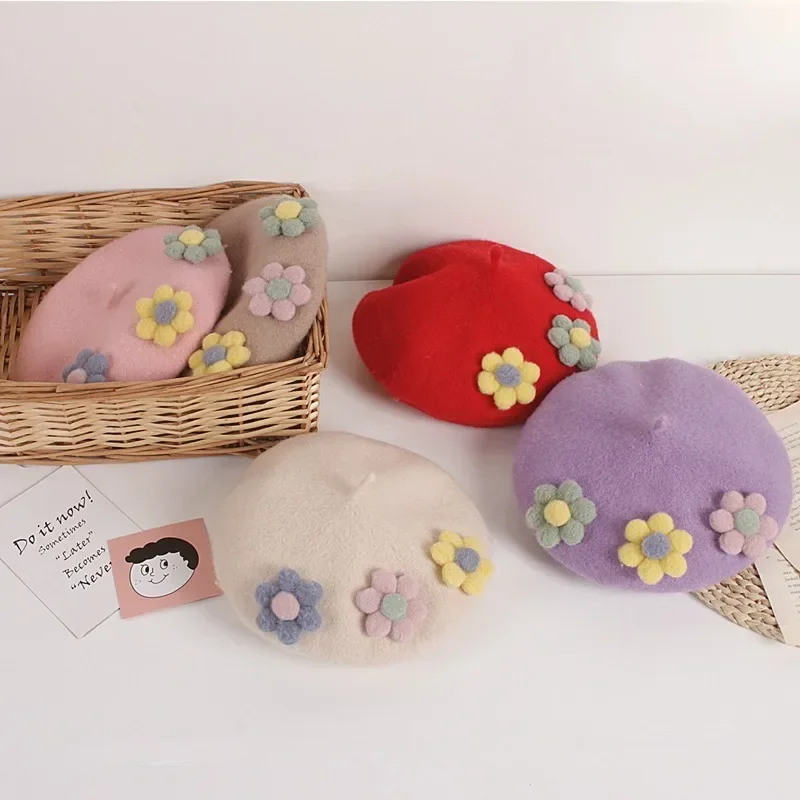 Women's Beret Handmade DIY Fruit Green Apple Painter Hat Cute Girl Little Leaf Woolen Hat Autumn and Winter Outdoor Warm Beanie