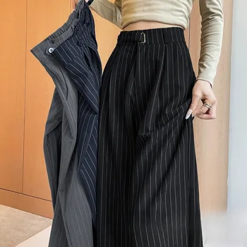 2025 New Autumn Vintage Striped Loose Women's Wide Leg Pant Button Spring High Waist Female Straight Office Full Length Trousers 1