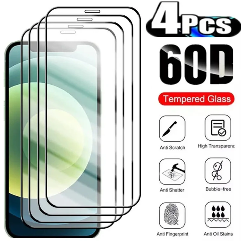 60D 4PCS Full Cover Tempered Protective Glass For iPhone 15 14 13 12 11