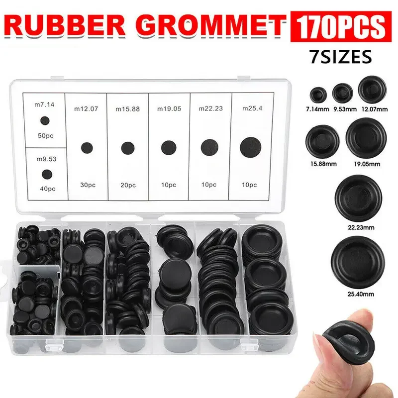 170pcs Rubber Grommet Double Sided Protective Coil Black Rubber Fireproof Plug Hole Retaining Ring Electrical Wire Gasket for Ca
