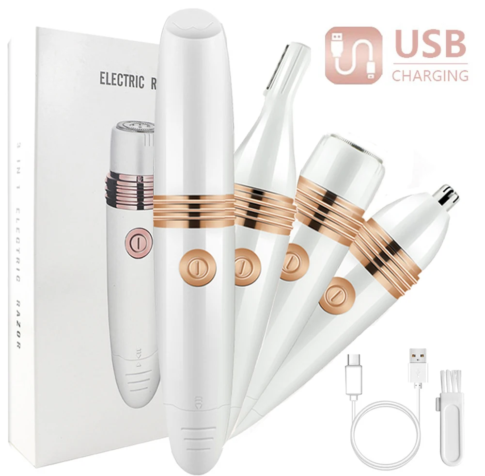 

3 IN 1 Rechargeable Electric Eyebrow Trimmer Epilator Female Body Facial Lipstick Shape Hair Removal Mini Painless Razor Shaver