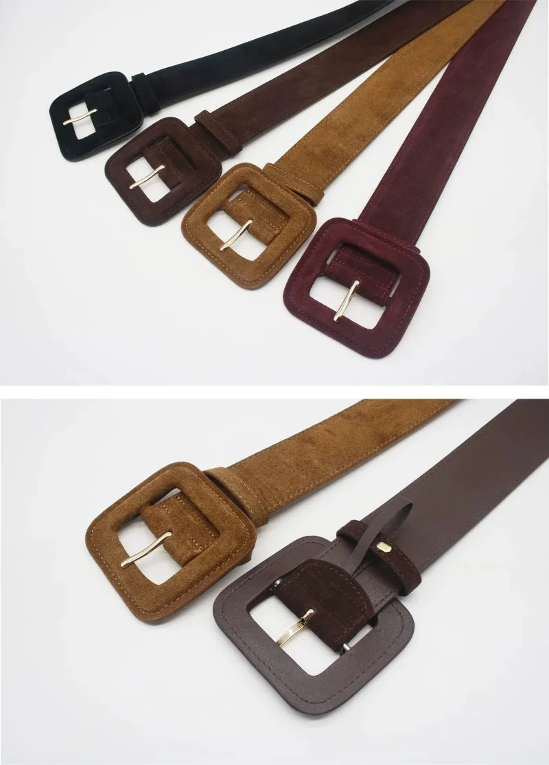 Modischer Damen-Wildledergürtel, breiter Gürtel mit hoher Taille, Vintage-Ledergürtel mit klobiger Schnalle, Dekoration für Kleidermäntel – Detail 6