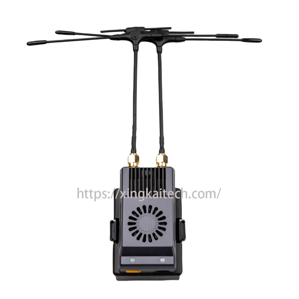 Détail des antennes et du dissipateur thermique du module émetteur ELRS Gemini pour radio FPV.