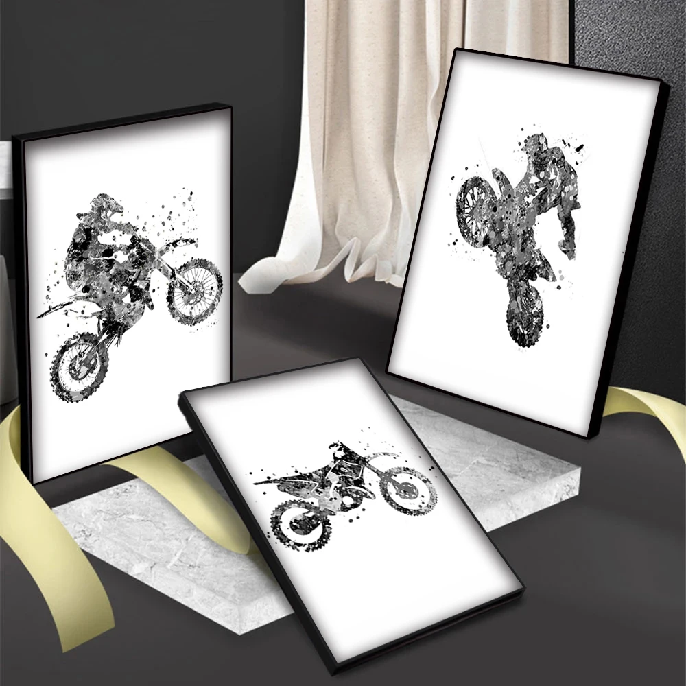 Motocross Poster Watercolor For Wall Art Black And White Motorcycle