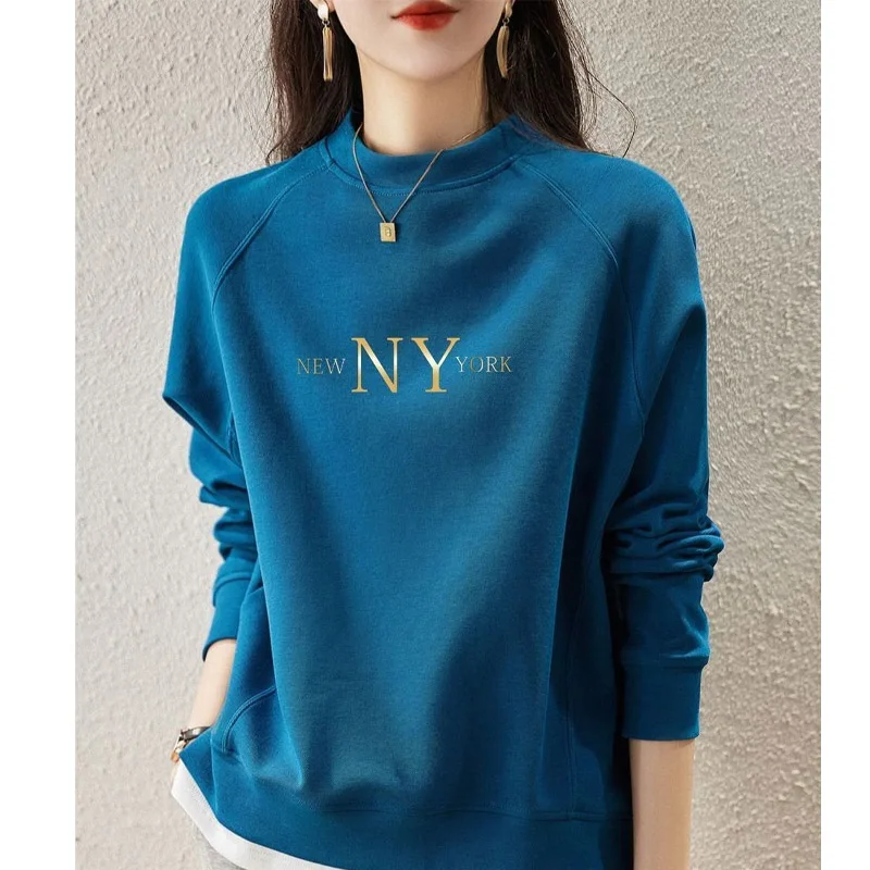Pure Cotton Fake Two Piece Round Neck Sweater Long Sleeved Women's Spring and Autumn Thin Style New Loose Short Lady Top