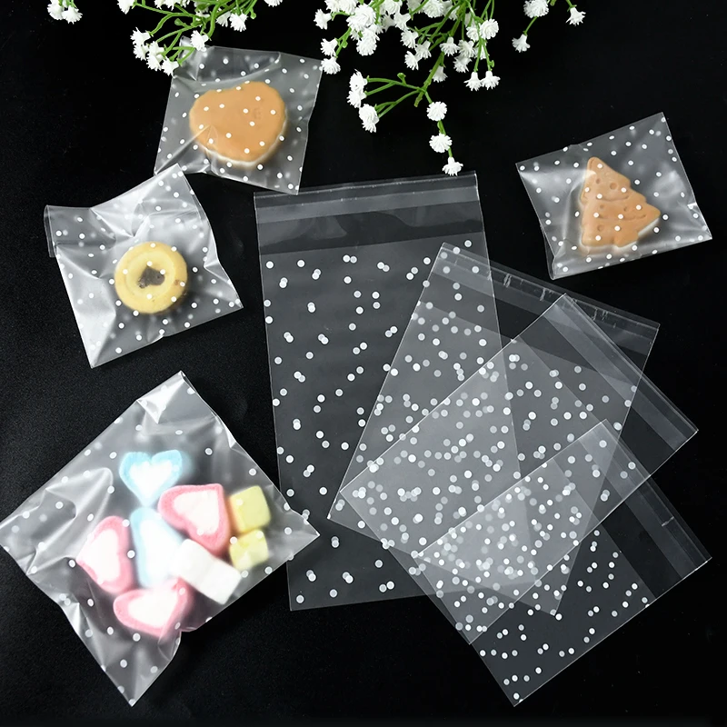 100pcs Transparent Dot Candy Bags Plastic Clear Food Cookie Gift Bags Self Adhesive Pouch Wedding Birthday Candy Packaging Bag