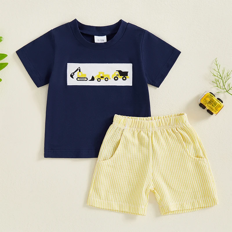 Toddler Infant Baby Boys Summer Clothing Sets Short Sleeve Tractor Embroidery T-shirt Tops + Striped Shorts 2pcs Outfit Boys Clothing Set