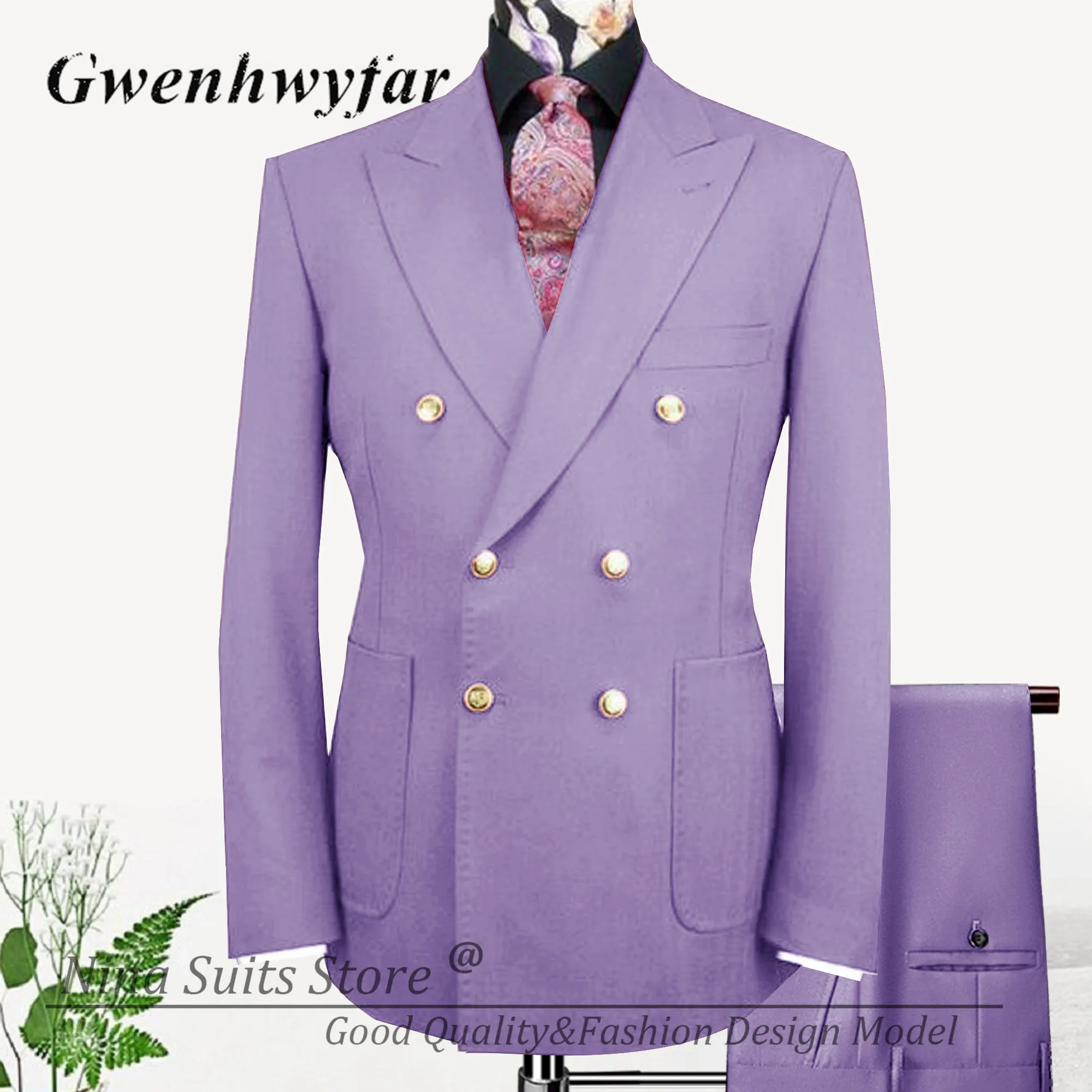 Nina Store Hot Pink Men Suits 2 Pieces Tailor-made Double Breasted Jacket with Gold Button for Wedding Male Party Costume