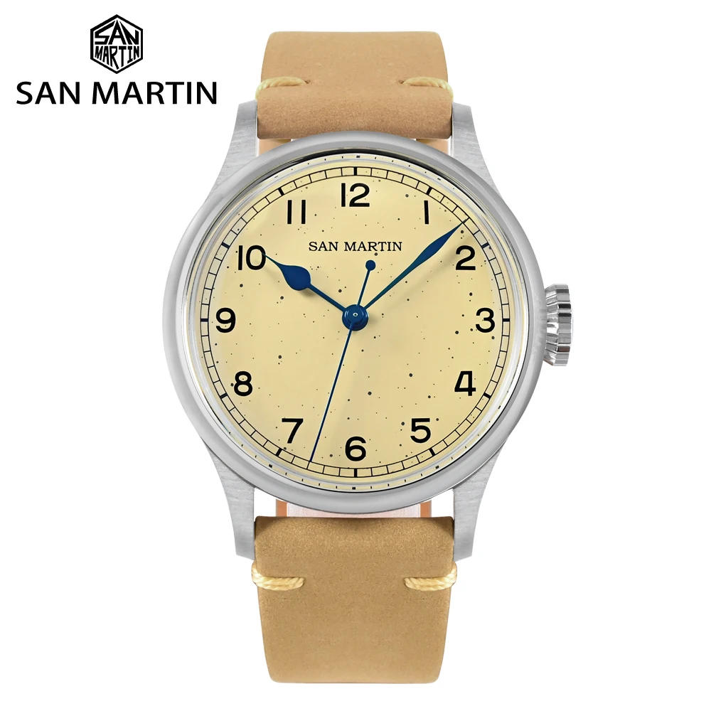 San Martin 38.5mm Men's Mechanical Watch NH35 Vintage Pilot Simple Fashion Wristwatch Baked Varnish Blue Hands 10 Bar Clock