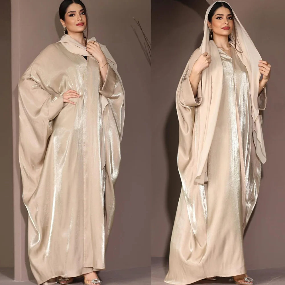 

Bright Silk Satin Batwing Sleeve Cardigan Robe Modest Muslim Dubai Plus Size Kimono Open Abaya Dress Corban Eid Woman Ramadan