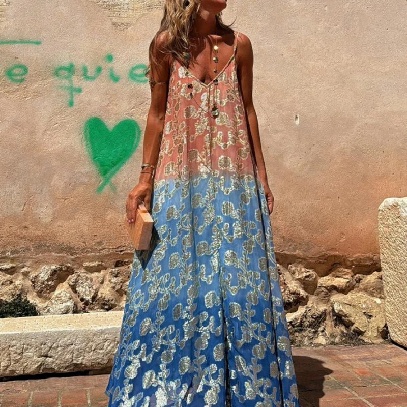 

Fashion Gradient Printed Backless Loose Dress Sexy V Neck Sleeveless Holiday Beach Dress Female Spaghetti Strap Party Long Dress