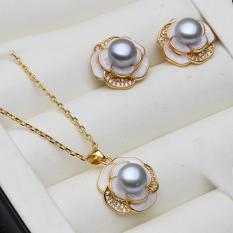 Real Natural Pearl Necklace And Earrings Set For Women,Cute Freshwater Pearl Set Engagement For Customers White Black