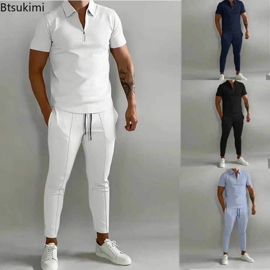 2024 Spring Summer 2pcs Casual Sets for Men Solid Polo Shirts and Pants Fashion  Male Tracksuit 2-piece Set Outfits Men Clothing