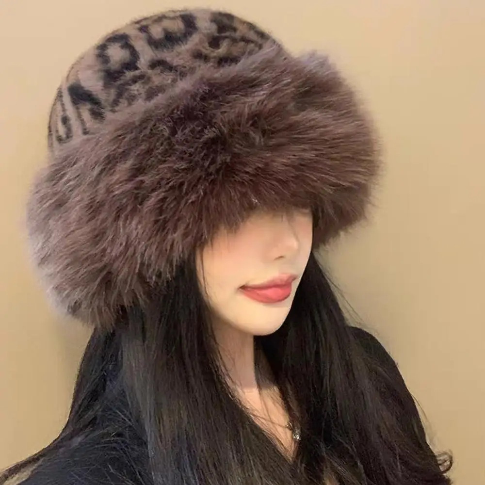 Winter Plush Ear Protection Leopard Print Cap Windproof Keep Warm Headgear Fluffy Fur Fisherman Hat for Women Fashion Female Hat 3
