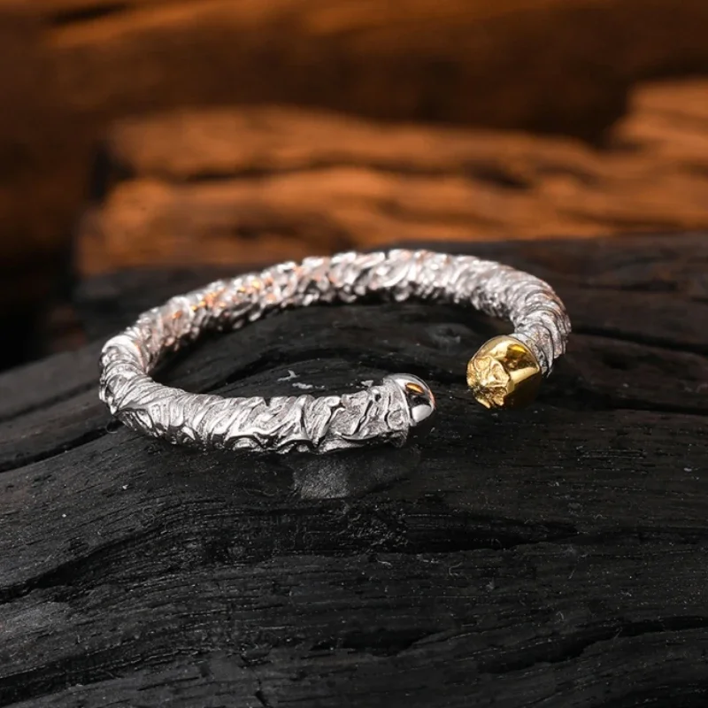 S925 Sterling  Embossed Tang Grass Pattern Open Ring For Women'S Gold And Silver Contrast Fashion Personality Simple And Advance