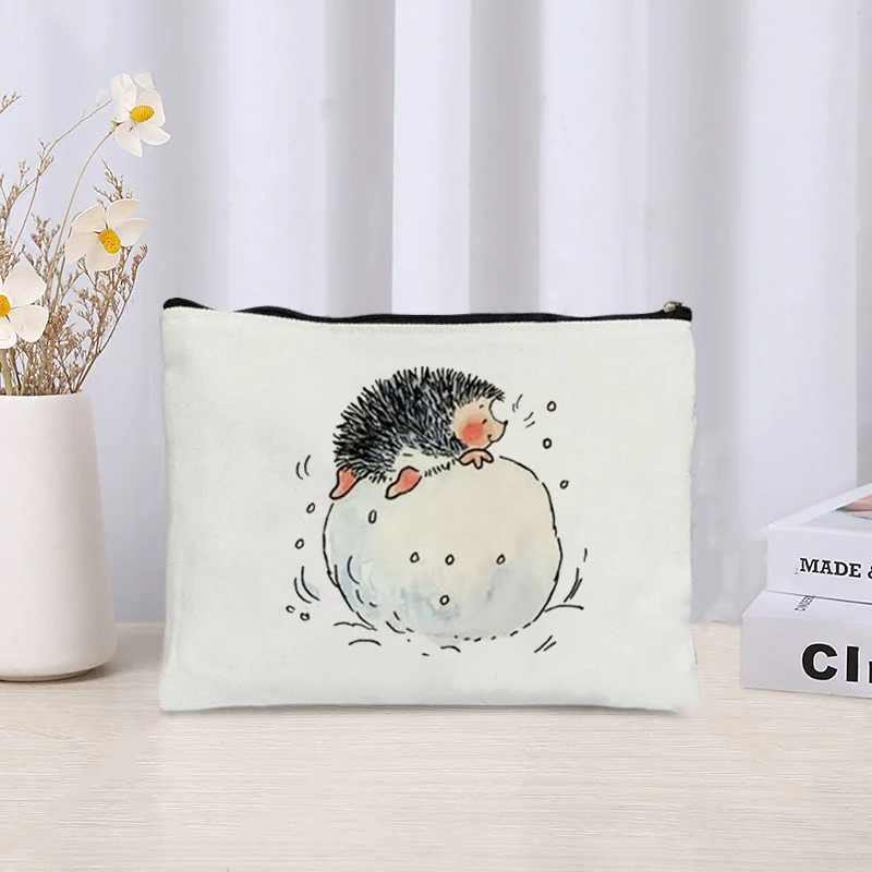 Cartoon Hedgehog Print Zipper Canvas Bag Organizer Skin Care Products Sundries Storage Cosmetic Bags Cute Stationery Pencil Case 5