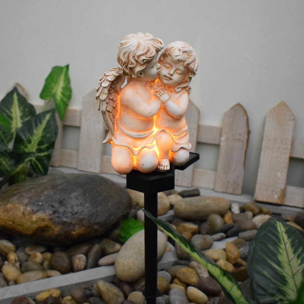 송진 천사 태양 빛 방수 정원 태양 천사 조각 송진, LED 태양 요정 빛, 날개 천사 정원 발코니 마당