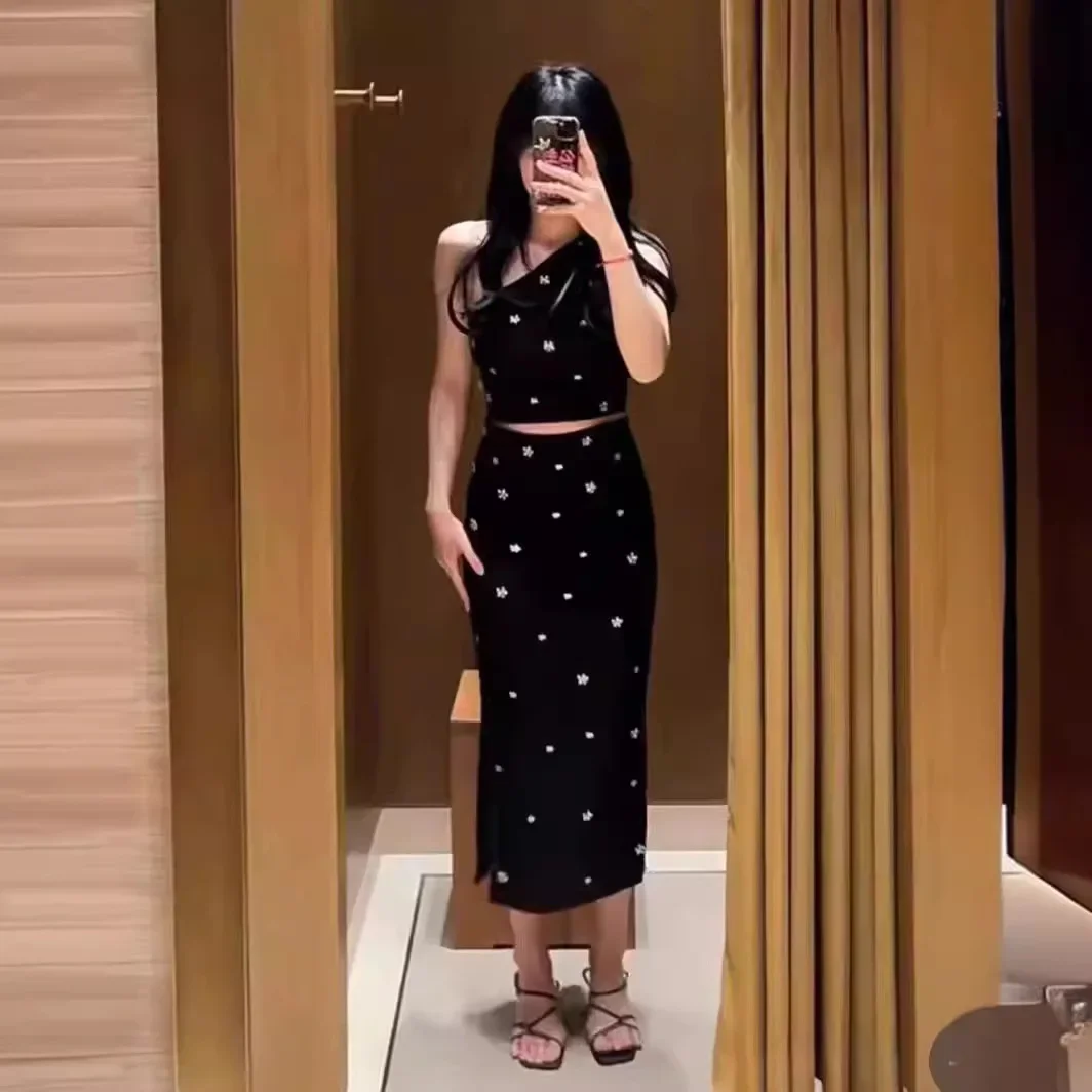 

2024 Summer Black Women Knitted Set Floral Pendant shoulder Vest or Slit High Waist Midi Skirt Female Elegant Knit