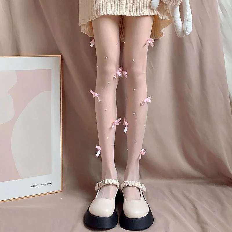 Maternidad Mujer Velvet Bow Pearl Embroidery Body Stockings Tights Pantyhose Girls Nylon Japan Styles Lolita Колготки Medias 4
