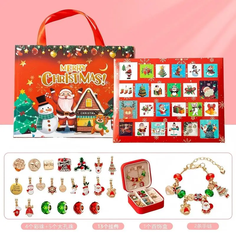 Christmas Advent Calendar Bracelet 24 Days of Xmas Countdown Calendar Surprise Gift Boxes DIY Creative Jewelry Charm Making Kit