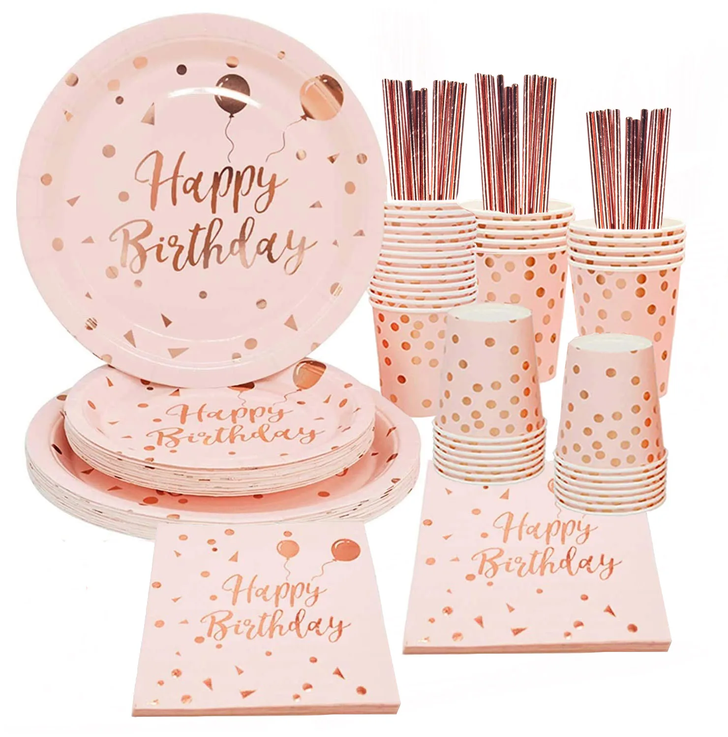 Happy Birthday Decorations Rose Gold dot Disposable Tableware Paper Plates Cup baby shower Girl Kids Adult Birthday Party Decor