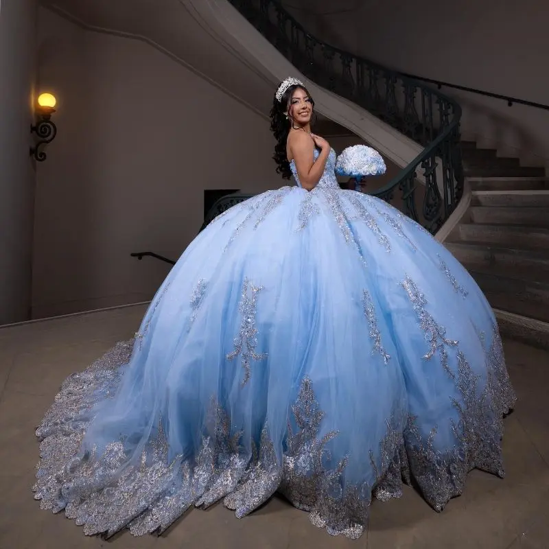 Lorencia Shiny Blue Quinceanera Dress Ball Gown Silver Lace Applique Beading Corset Sweet 16 Gown Vestidos De 15 A&ntilde;os YQD766