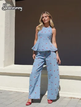Denim Printed Sleeveless Pants  2-piece Set Women's Elegant Round Neck Fashion Short Shirt Long Pants Suit 2026 Street Outfit