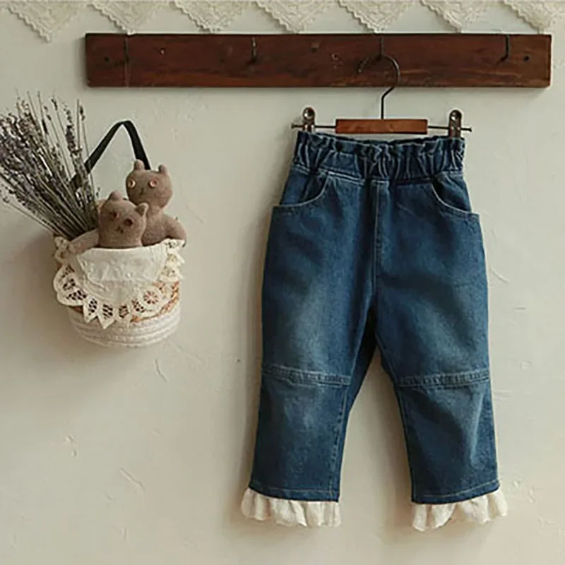 thumbnail image 1 of 2-8 Y Spring Autumn Girls' Jeans Lace Ankle-length Pants Korean Style Children's Lace Casual Straight Pants, 1 of 6