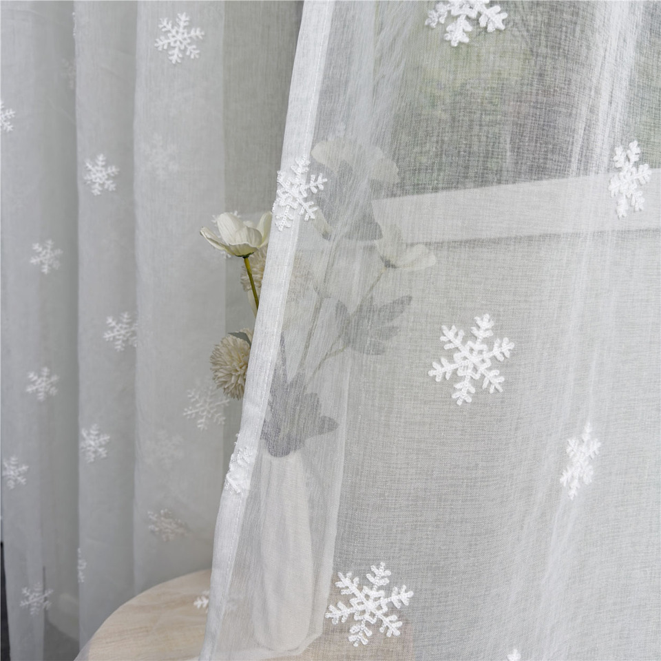 White Romantic Snowflake Embroidery Tulle Curtain Imitation Linen Transparent Window Screen For Living Room Bedroom and Kitchen