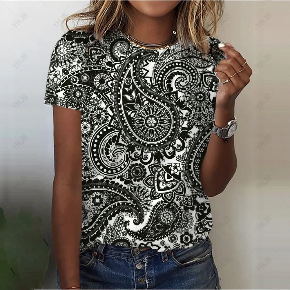 

2023 New Summer Women's 3D Print Painting T Shirt Casual Loose Retro pattern Print O Neck Basic Top Shirt Pullover Autumn