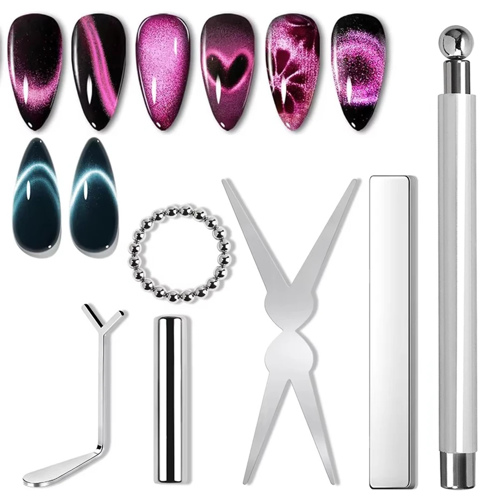 6-Piece Cat Eye Nail Art Tool Set with French Tips, Cat Eye, Heart Magnets