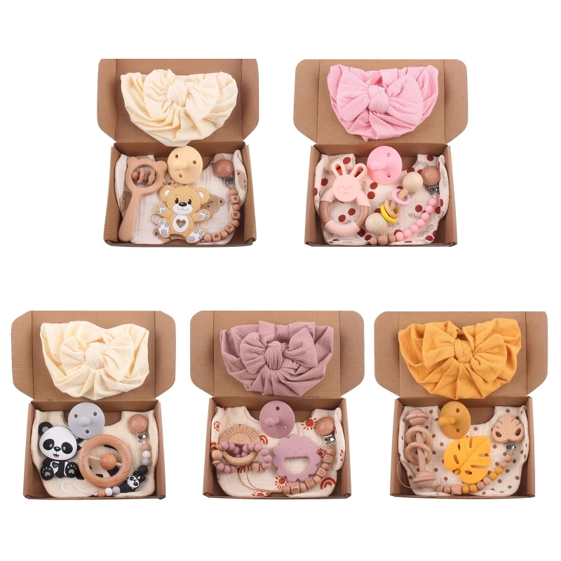 Baby Teething Set Pacifier Clip Drooling Bib Bowknot Hat 6pcs Newborn Shower Gift Grade Cartoon Rattle Infant Favor