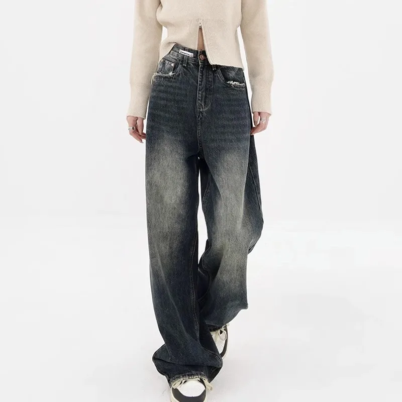 Streetwear Retro Fashion Autumn Women High Waist Jeans Loose Wide Leg Straight Loose Denim Trousers Y2K Baggy Pants