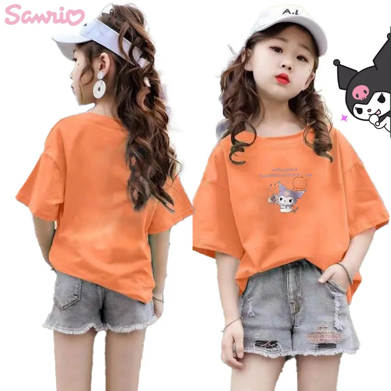 

Kawaii Sanrio Kuromi Cartoon Summer Children's T-shirt 2023 New Girls Boys Cartoon Casual Wear Children's Short-sleeved Tops