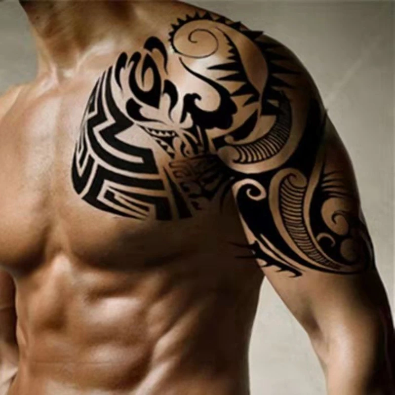 Waterproof Tattoo Sticker Male Half Shoulder Dragon Totem Breastplate Flame Flower Arm Art Fake Tattoo Black Big Size