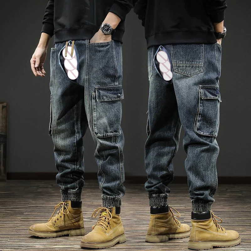 

Outdoor Open Crotch Sex Erotic Pants Vintage Jeans Men‘s Heavy Cargo Trousers Baggy Plus Size Denim Cloth Harem Y2k Streetwear