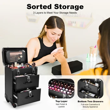 Rolling Cosmetic Case Large Cosmetic Trolley with Lock Professional Rolling Cosmetic Train Case with Drawers for Makeup Salon 2
