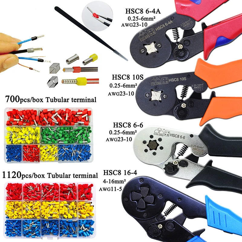 HSC8 10S 0,25-10 мм2 23-7AWG HSC8 6-4A/6-6 0,25-6 мм2 HSC8 16-4 обжимные клеммы электрические трубчатые Клеммы Коробка мини-фирменный Зажим инструменты