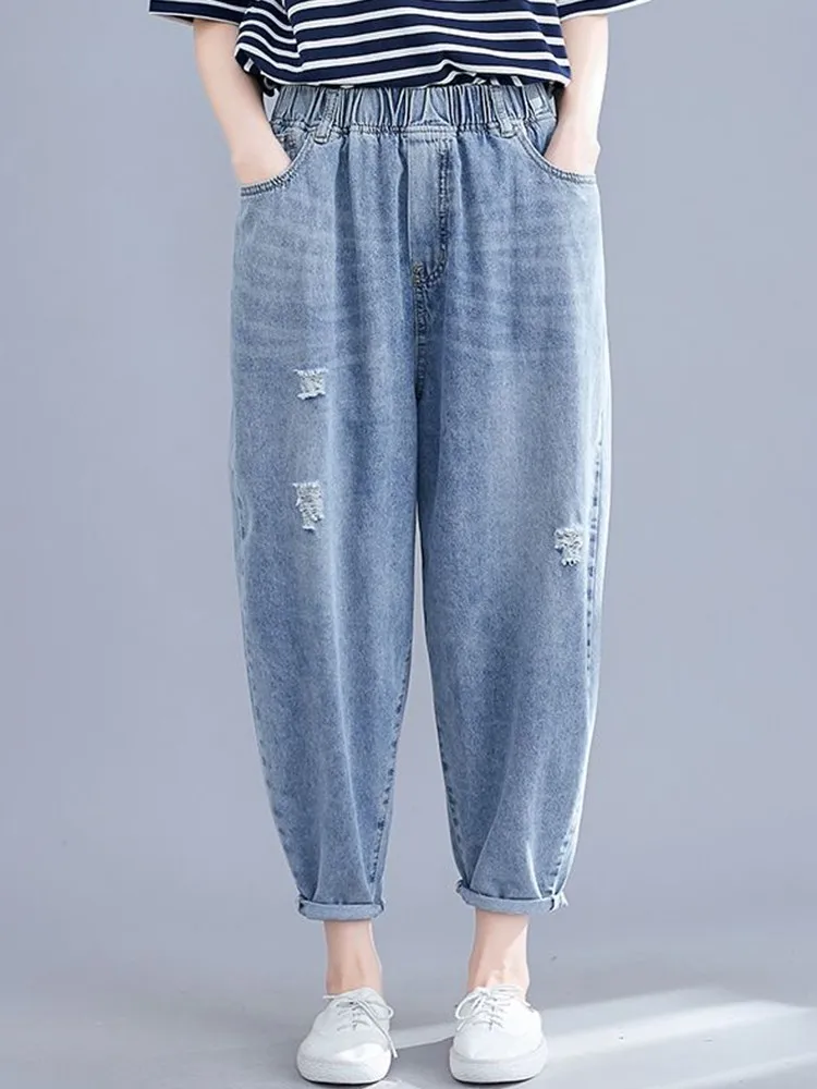 

Women Casual Jeans New Arival 2023 Autumn Korean Style Solid Color All-match Loose Female Ankle-length Denim Harem Pants D528