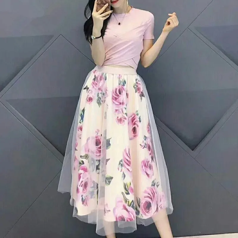 Cute Fresh Chiffon Skirt Short Sleeve Bowknot Tops Floral Mid-length High Waist Slim 2-Piece Suit Shirt Elegant 16673
