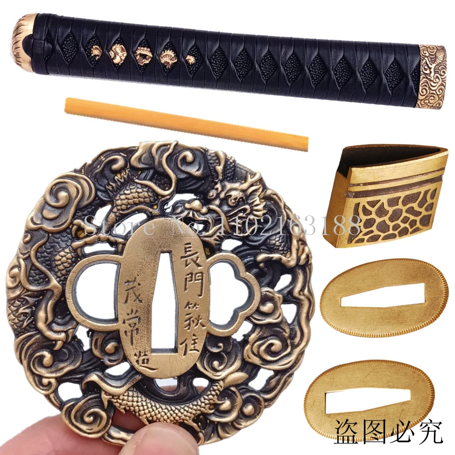 Set Brass Dragon Tsuba+Menuki+Fuchi+Kashira+Handle+Habaki+
