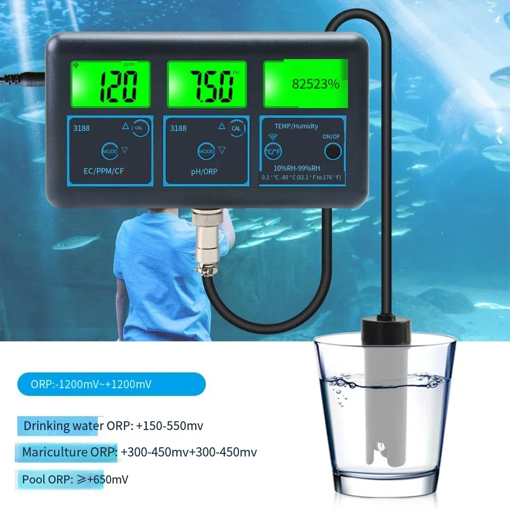 

WIFI-3188 Wireless Seven-in-one -online Water Quality Monitor TUYA WIFI PH Value Monitor EC/CF/ORP/TDS/temperature and Humidity